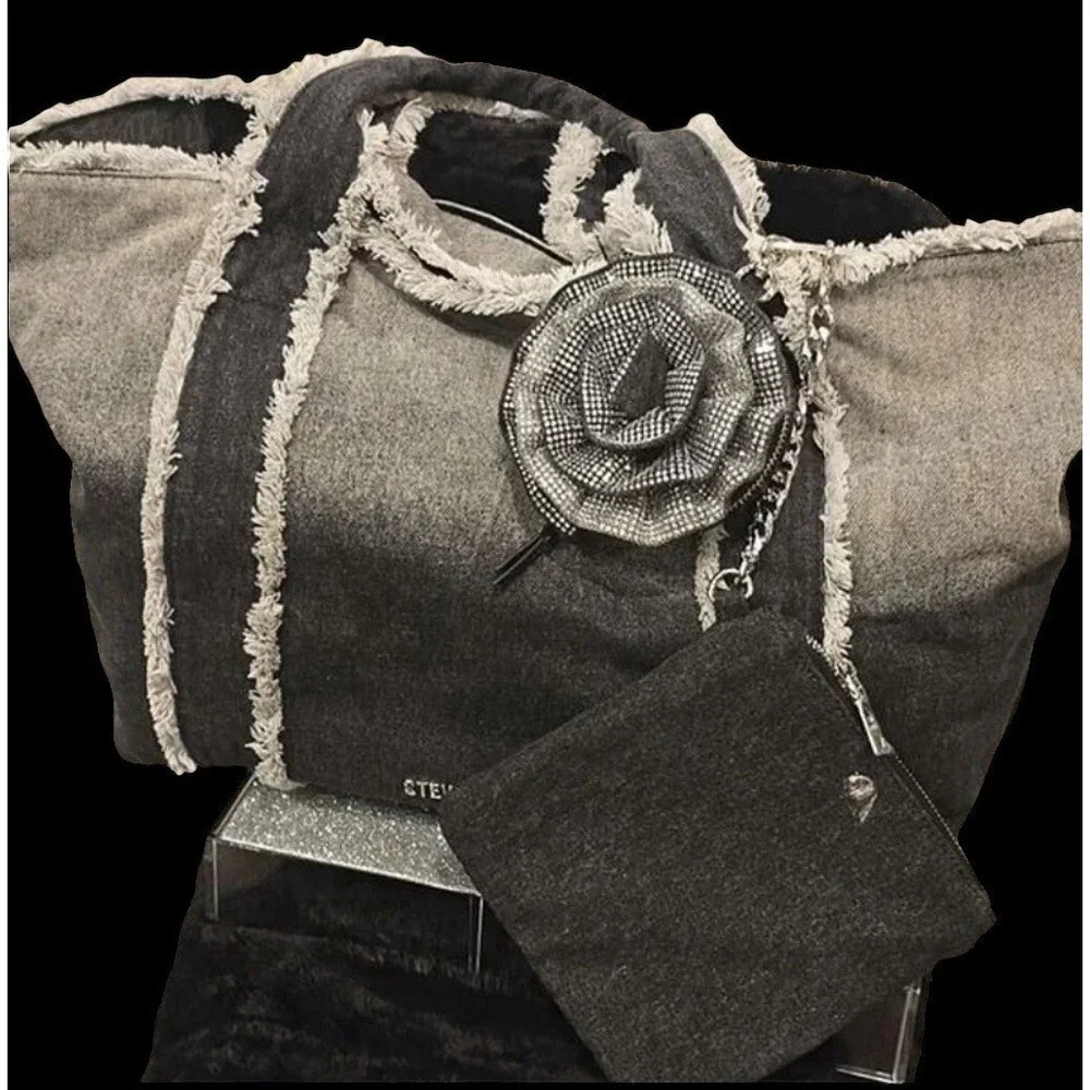Steve Madden BBecki Distressed‎ Denim Tote Bag w/Flower Coin Wa& Wristlet